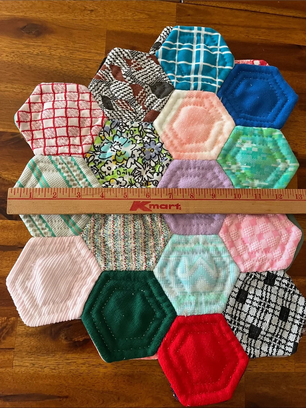 2 Vtg Geometric Handmade Placemats From Old 70s Fabric Pieces MCM Retro